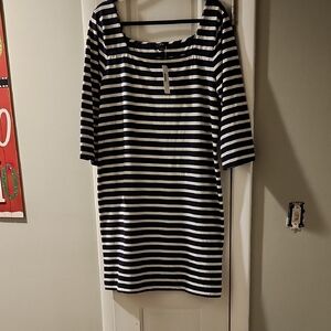 Navy and White  Dress with 3/4 Sleeves and Scoop Neck